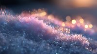 Delicate frost crystals illuminated by warm sunset light creating magical winter macro scene with pink and orange bokeh highlights against dark blue snowy background.