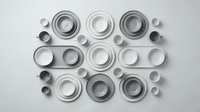 Modern minimalist tableware collection with gray and white ceramic plates bowls cups arranged in geometric pattern on neutral background for kitchen design.