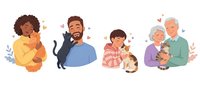 Happy diverse people holding and cuddling with their beloved cats and kittens showing unconditional love and companionship between humans and pets.