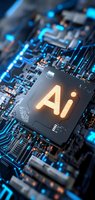 Glowing AI processor chip on futuristic circuit board with blue illumination, representing artificial intelligence technology in computing.