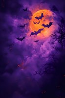 Spooky Halloween night scene with flying bats silhouettes against full orange moon in purple mystic sky with dark tree branches and falling autumn leaves.