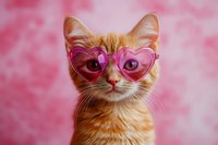 Adorable orange tabby kitten wearing pink heart-shaped sunglasses on soft pink background for Valentine's Day greeting cards and romantic designs.