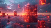 Glowing red cubic structures floating in surreal digital cityscape with dramatic sky and light particles, creating futuristic cyberpunk atmosphere for sci-fi designs.