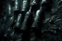 Old dusty wine bottles in dark cellar covered with cobwebs and mold create mysterious atmosphere. Vintage collection found in abandoned underground vault.