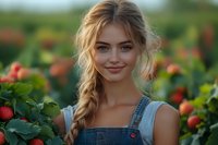 Young blonde woman with braid wearing denim overalls smiles warmly in garden setting with blooming dahlias and greenery during golden hour lighting.