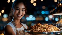 Young Asian woman chef smiling while presenting grilled meat dishes at night food market. Professional cook showcasing barbecue cuisine with bokeh lights background.