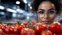 Young African American woman with glasses examining fresh red tomatoes at grocery store, shopping for healthy produce in supermarket.