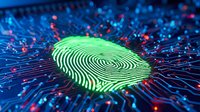 Digital fingerprint glowing green on futuristic circuit board with data streams for cybersecurity and biometric authentication technology concepts.