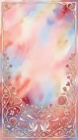 Soft watercolor gradient background with pink, blue, and yellow hues, ornate decorative border featuring roses, hearts, flowers, and scrollwork in gold and rose tones. Suitable for greeting cards, invitations, and romantic designs.