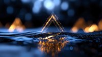 Glowing golden triangle reflection on rippling water surface with bokeh lights creates mystical atmosphere. Artistic macro photography for spiritual concepts.