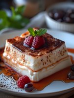 Layered creamy dessert with raspberry and mint garnish on white plate, drizzled with caramel sauce and dusted with cocoa powder, served with dark chocolate pieces.