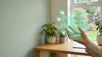 Young adult hand holding smartphone displaying holographic health and wellness icons including heart, medical cross, and fitness symbols in bright home office environment.