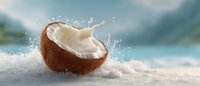 Fresh coconut half with splashing milk on white powder against blurred tropical background, dynamic food composition with freeze motion effect.