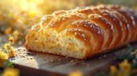Golden braided challah bread with sesame seeds on wooden board, warm sunlight creating appetizing glow for bakery and food photography.
