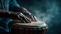 Hands playing traditional djembe drum with dramatic lighting and smoke effects creating atmospheric musical performance scene for cultural and artistic projects.