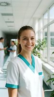 Smiling young Caucasian female nurse in white medical scrubs with teal trim standing in bright modern hospital corridor with colleagues in background.