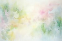 Soft pastel watercolor background with delicate yellow, pink and green tones blending into ethereal abstract shapes, creating dreamy atmospheric effect.