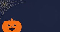 Orange jack-o-lantern with carved face and spider web on dark navy background, isolated design element for Halloween decorations, greeting cards, and seasonal marketing materials.