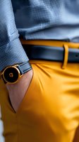 Stylish gold and black smartwatch on male wrist with checkered blue shirt and mustard yellow pants, showing modern fashion accessories and business casual attire.