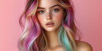 Young woman with multicolored pastel hair including pink, mint green, and purple highlights against pink background showcasing modern creative hair coloring technique.