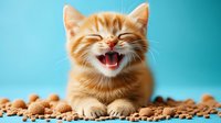 Happy ginger kitten laughing with closed eyes sitting on cat food against turquoise background, showing positive emotions and playful expression.