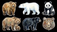 Six watercolor bear stickers isolated on transparent background, featuring grizzly, polar, panda, black bear, mother with cub, and tribal bear. Ready for clipart, print on demand, t-shirt design.