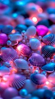 Seashells and pearls illuminated by vibrant neon lights creating dreamy pink and blue gradient effect, macro photography with selective focus and bokeh background.
