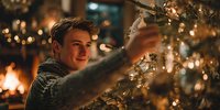 Young man in sweater decorating Christmas tree with string lights, cozy fireplace glowing in background creating warm holiday atmosphere.