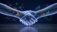 Digital handshake with glowing data analytics charts and graphs representing business partnership, technology collaboration and financial growth.