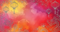 Asian lanterns hang above ornamental dragons and floral patterns in warm gradient background. Suitable for lunar new year celebrations, festive greetings, and cultural event designs.