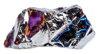 Iridescent bismuth crystal specimen displaying rainbow metallic colors and geometric stepped formations on white background for mineral collection.