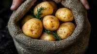 Fresh organic potatoes in rustic burlap sack with rosemary sprigs, captured from above on dark background. Natural farm produce with earthy textures.