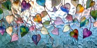 Colorful heart shaped leaves in vibrant watercolor style floating against blue sky background, creating romantic nature inspired pattern for wall art and textile design.