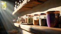 Rustic wooden shelves with glass jars containing colorful spices, grains and dry goods illuminated by soft natural sunlight streaming through window, creating cozy pantry atmosphere.