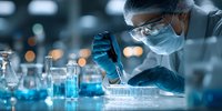 Female scientist in protective gear conducting laboratory research with blue chemical solutions and glassware in modern scientific facility.