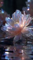 Ethereal crystal lotus flower with iridescent petals glowing with pink and blue hues, floating on dark water surface against bokeh background.