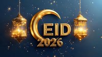 Golden Eid 2026 text with crescent moon symbol and glowing traditional lanterns on dark blue starry background. Festive Islamic holiday design.