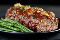 Glazed meatloaf slice with sweet and tangy sauce, garnished with fresh herbs, served alongside steamed green beans on black plate. Comfort food dinner.