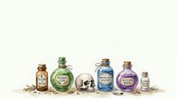 Vintage apothecary bottles with skull label, dried herbs and botanical elements arranged on neutral background, isolated for potion, witchcraft, Halloween, and alternative medicine design projects.