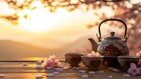 Traditional Japanese tea ceremony set with ornate teapot and cups on wooden table during golden sunset with cherry blossoms for meditation and wellness.