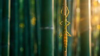 Young bamboo shoots emerging from mature green bamboo forest with warm golden sunlight filtering through creating natural bokeh background.