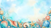 Watercolor seashells and coral frame with turquoise blue sky background for summer beach themed designs and coastal decorations.