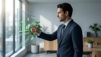 Professional businessman in dark suit interacting with futuristic holographic interface displaying green data analytics and charts in modern office environment.
