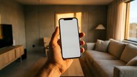 Hand holding smartphone with blank white screen in modern living room interior for app mockup and digital presentation purposes.