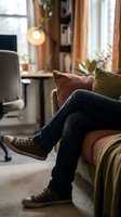 Person relaxing on armchair in cozy home office with warm lighting, decorative pillows, and natural window light for lifestyle and interior design projects.