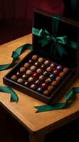 Luxury chocolate assortment in black gift box with emerald green ribbon bow on wooden table, premium confectionery packaging for holidays and special occasions.