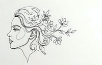 Woman profile with flowing hair and botanical elements in minimalist line art style on textured paper background for modern design projects.