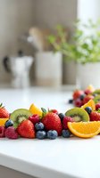 Fresh mixed berries and fruit arranged on white kitchen counter with blurred modern kitchen background for healthy eating and nutrition concepts.