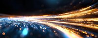 Abstract light trails and glowing particles flowing in curved motion against dark background, creating dynamic speed effect and futuristic technology concept.