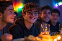 Happy young man with glasses celebrating birthday with friends at colorful party with cake and candles in festive atmosphere.